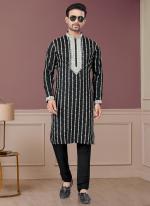 Pure Silk Black Ceremonial Wear Embroidery Work Readymade Kurta Pajama